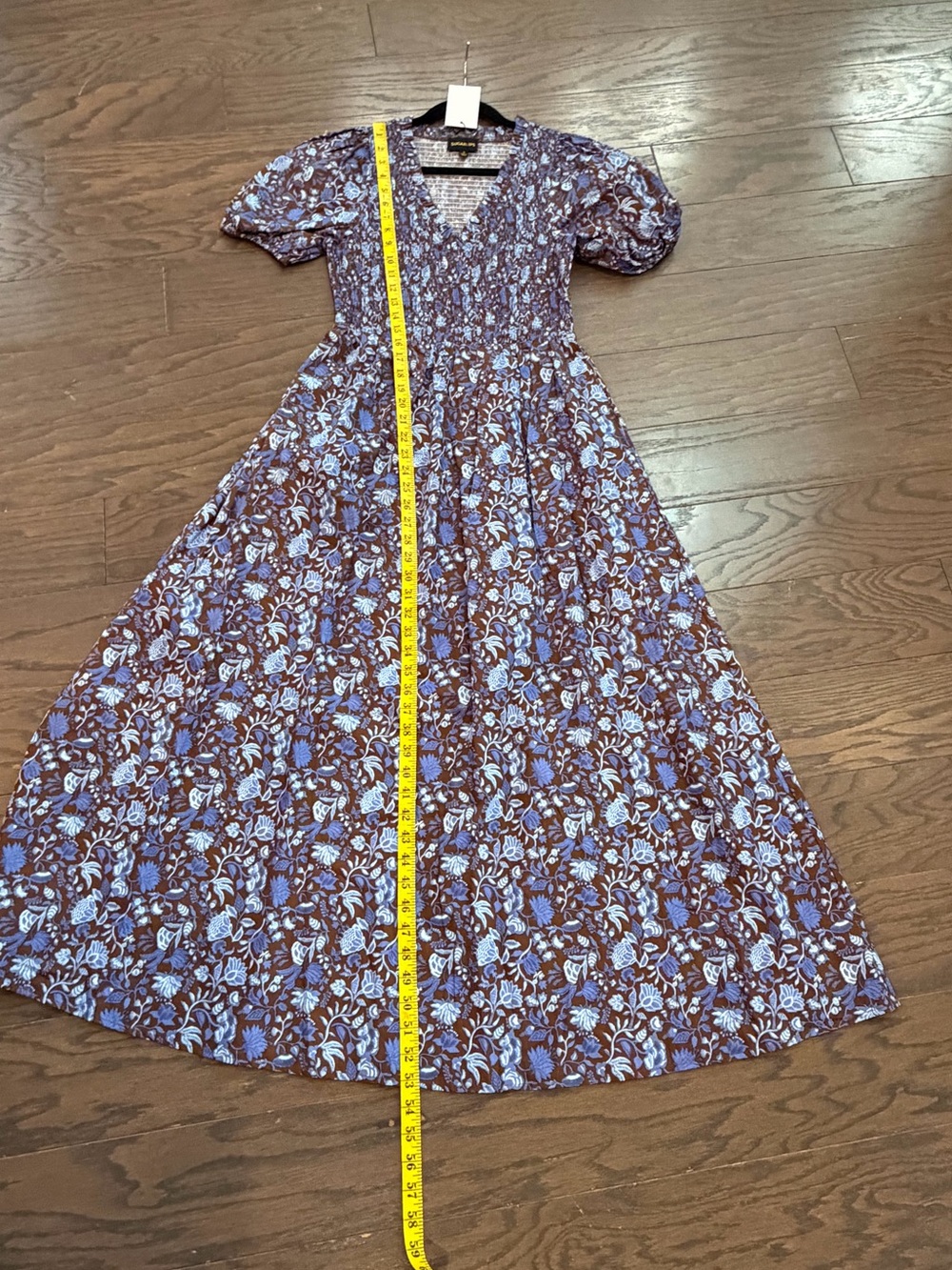 Sugarlips Bruceton Floral Brenty Smocked Midi Dress Brown Blue Size Medium NWT - Picture 5 of 10